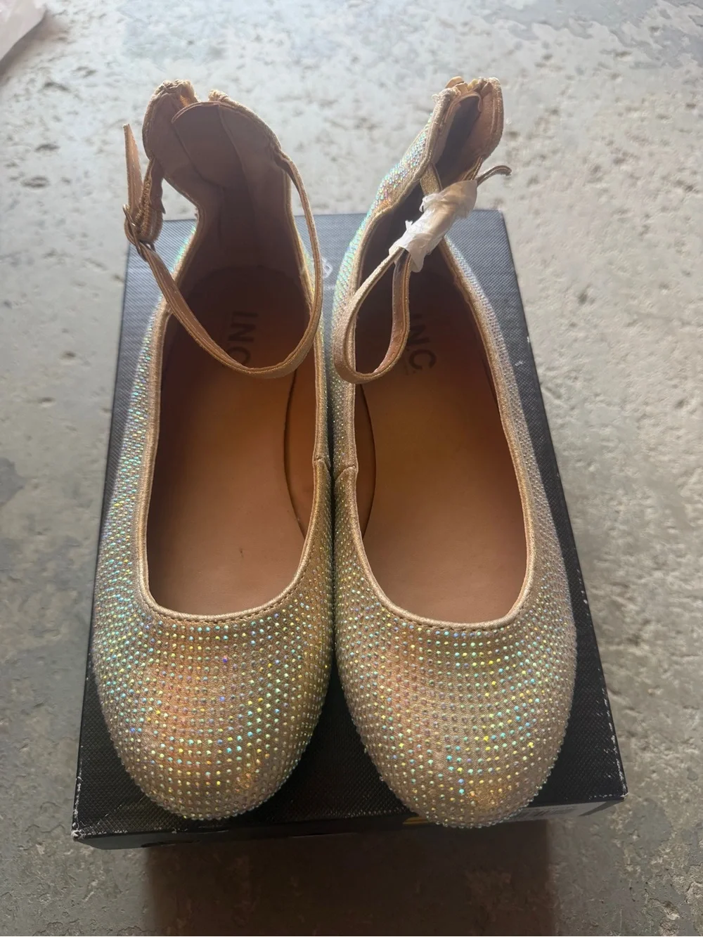“New” INC Sparkle Ankle-Strap Ballet Flats in Iridescent Gold size3